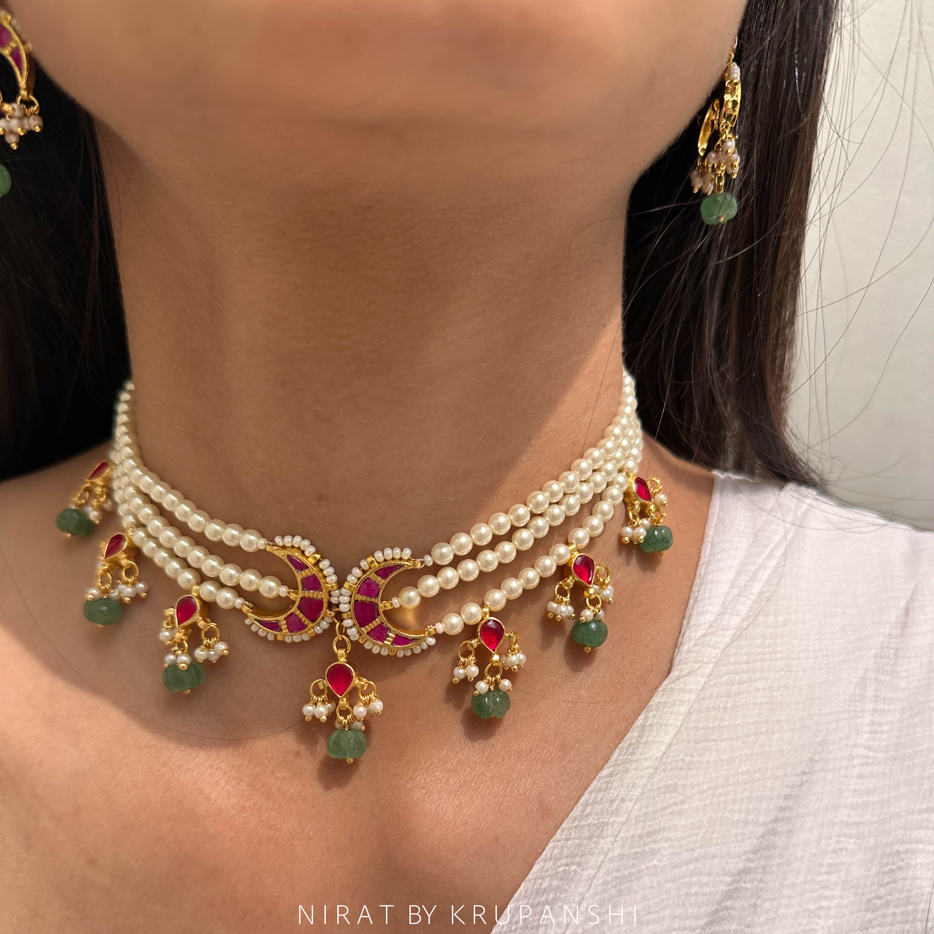 Pink Chand with Kharbuja Stones Choker with Earring