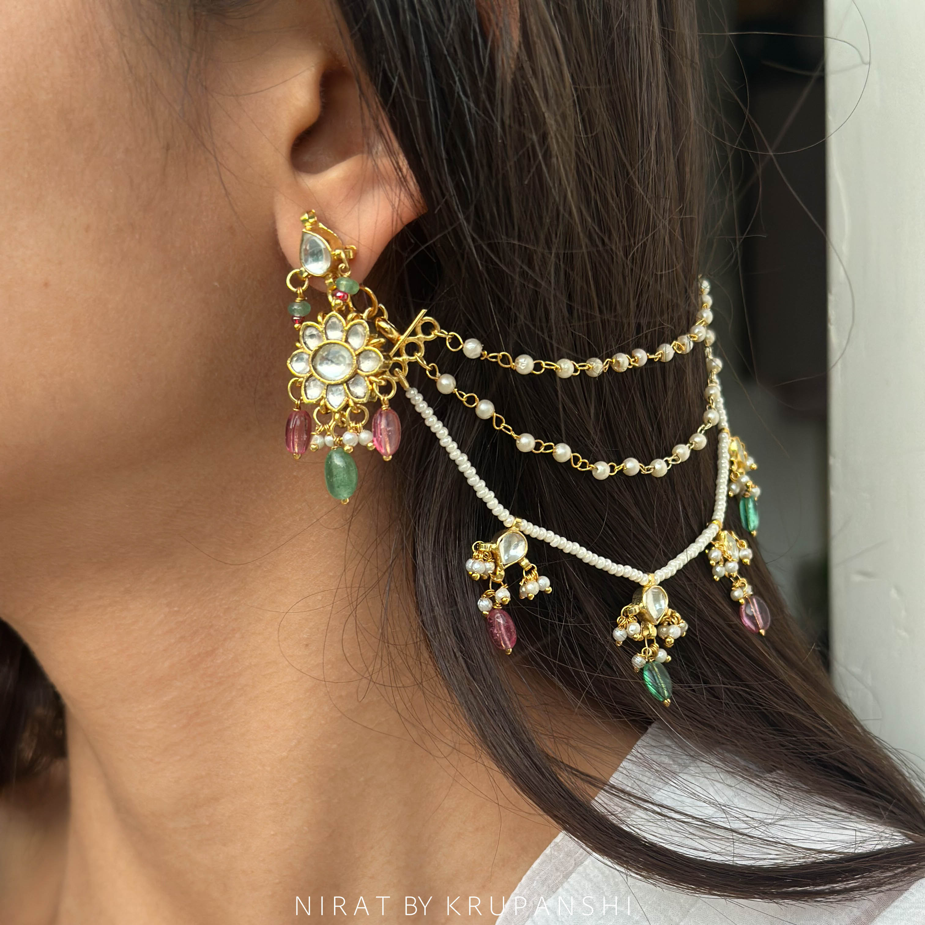Kalika - Pink Green Monalisa Stone Earchain