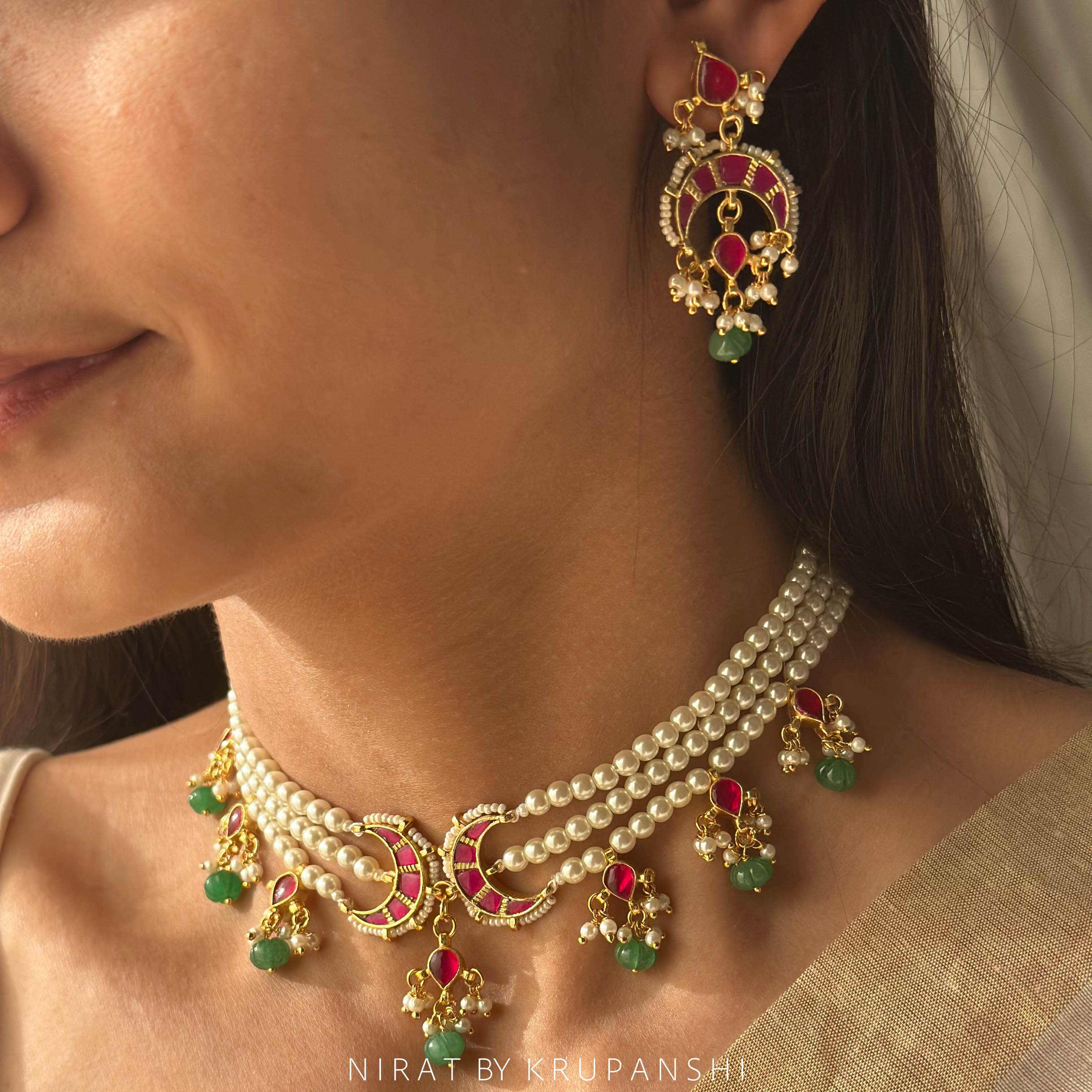 Pink Chand with Kharbuja Stones Choker with Earring