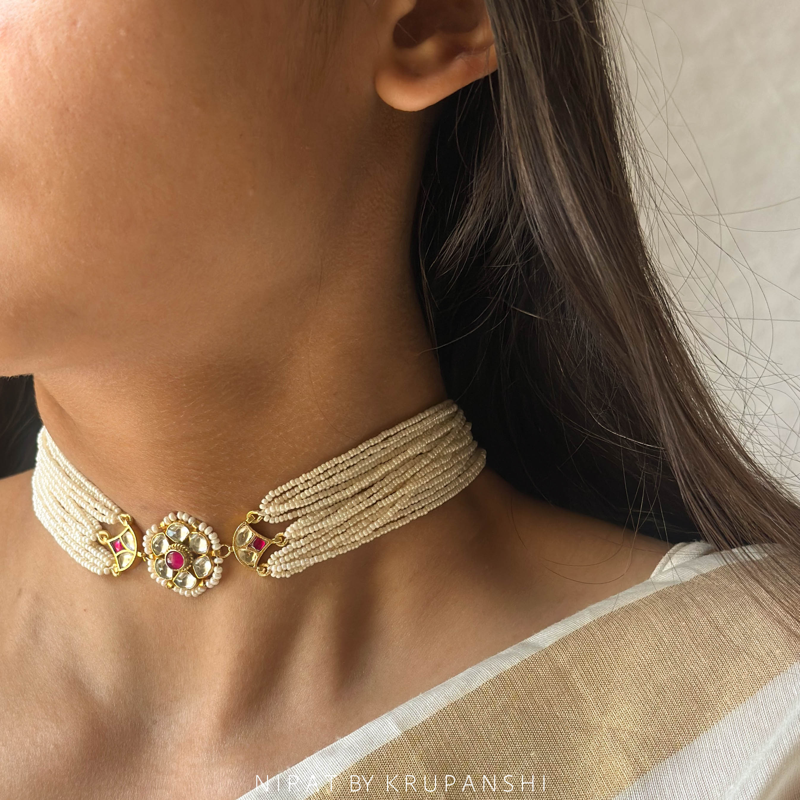 Sagara-Muktika Choker - 18 strands Kidiya Moti Kundan Choker