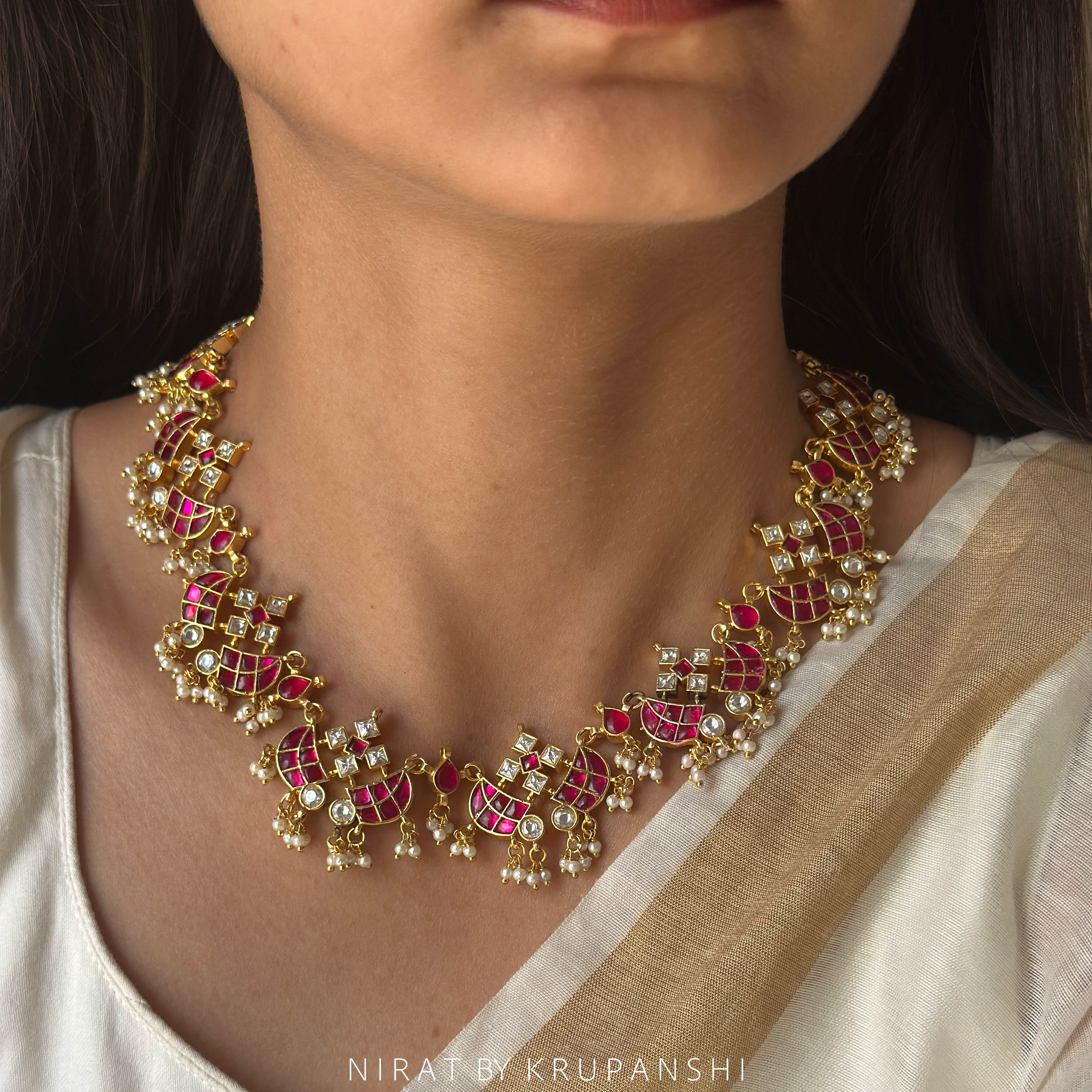 Raani Mahal - Pink and White Kundan Necklace