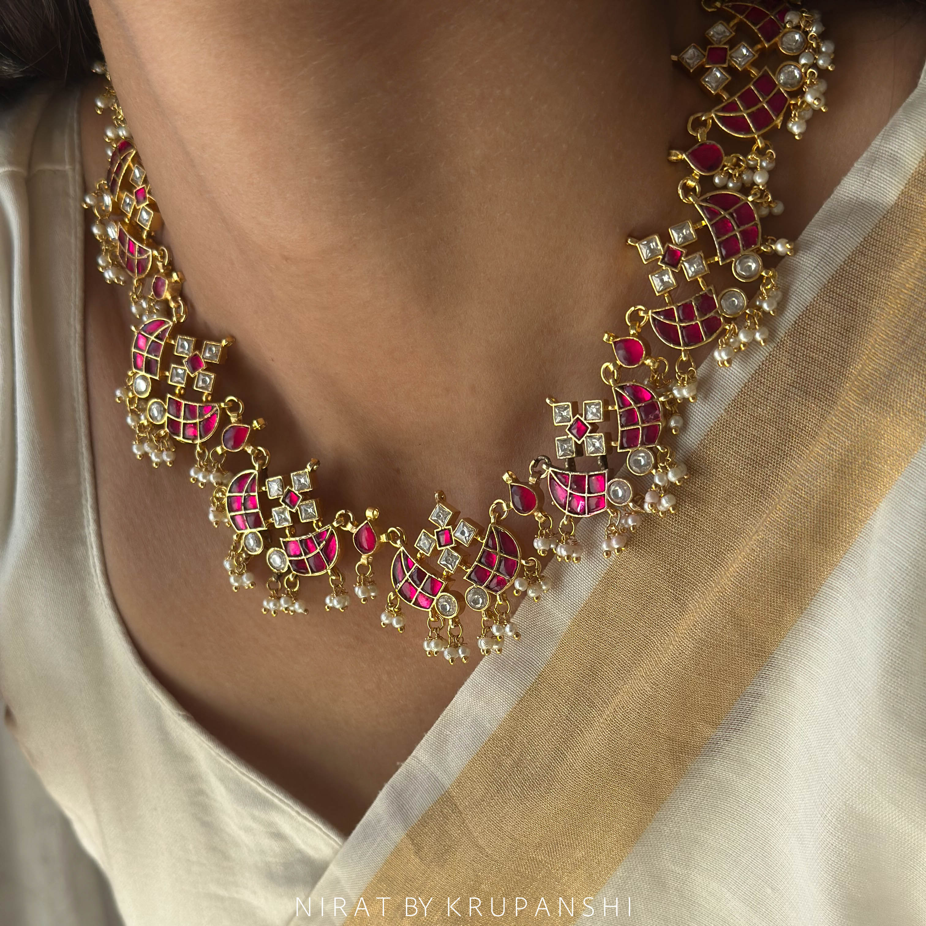 Raani Mahal - Pink and White Kundan Necklace