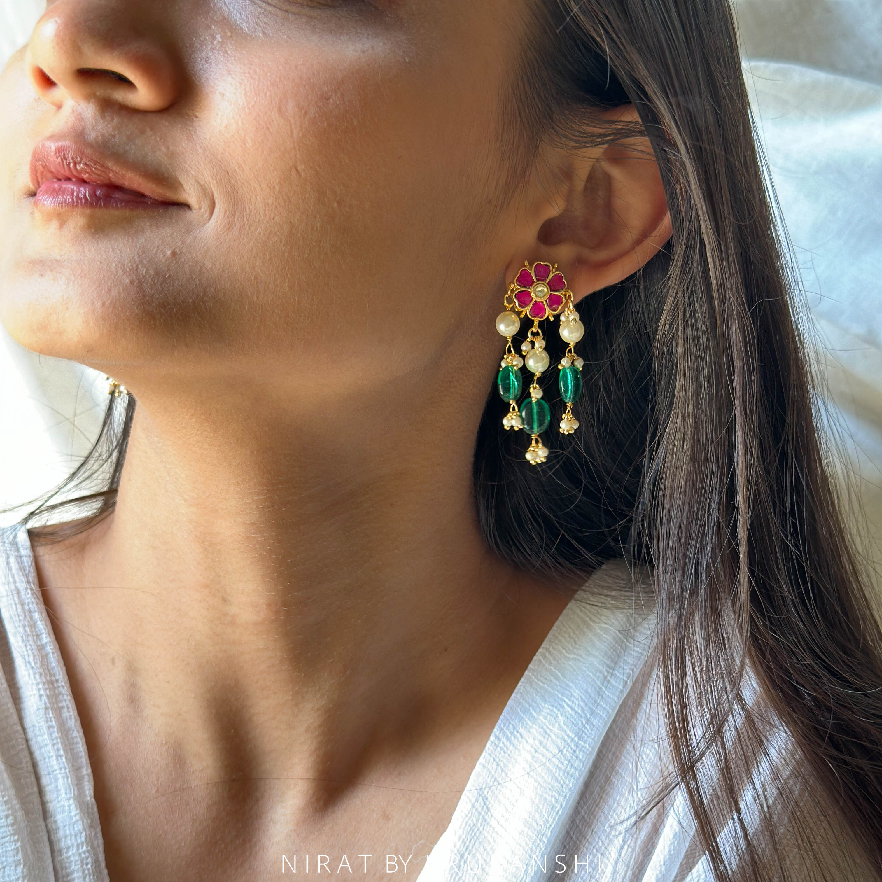 Sheetal Kanti - Raani flower earring with green monalisa stone