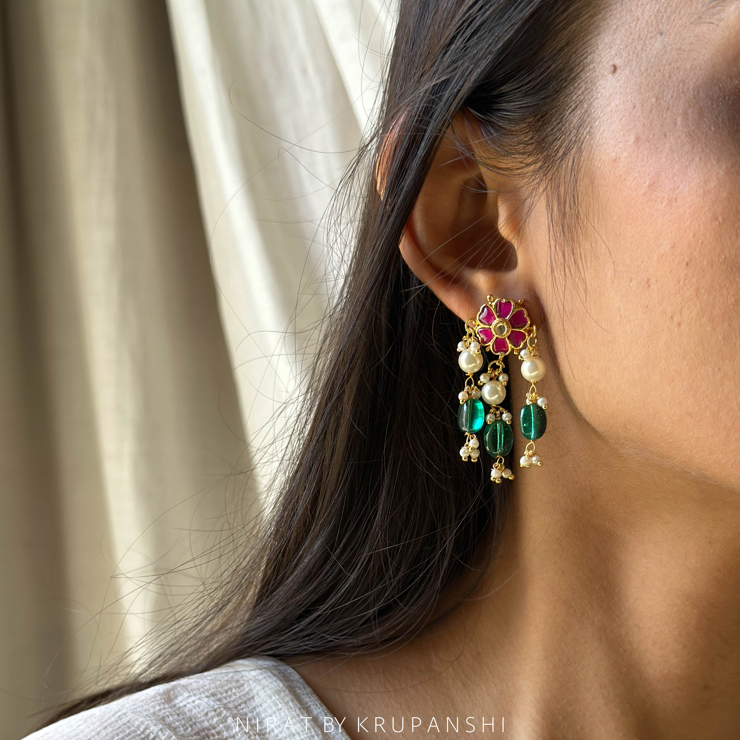 Sheetal Kanti - Raani flower earring with green monalisa stone