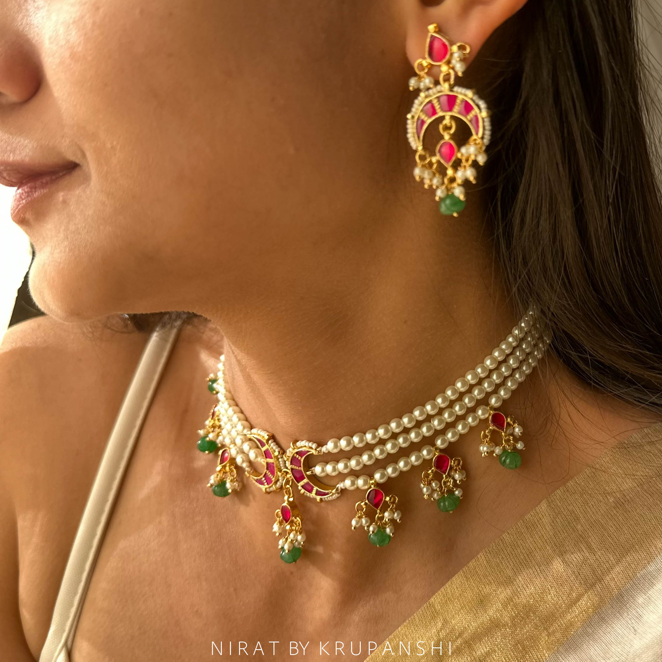 Pink Chand with Kharbuja Stones Choker with Earring