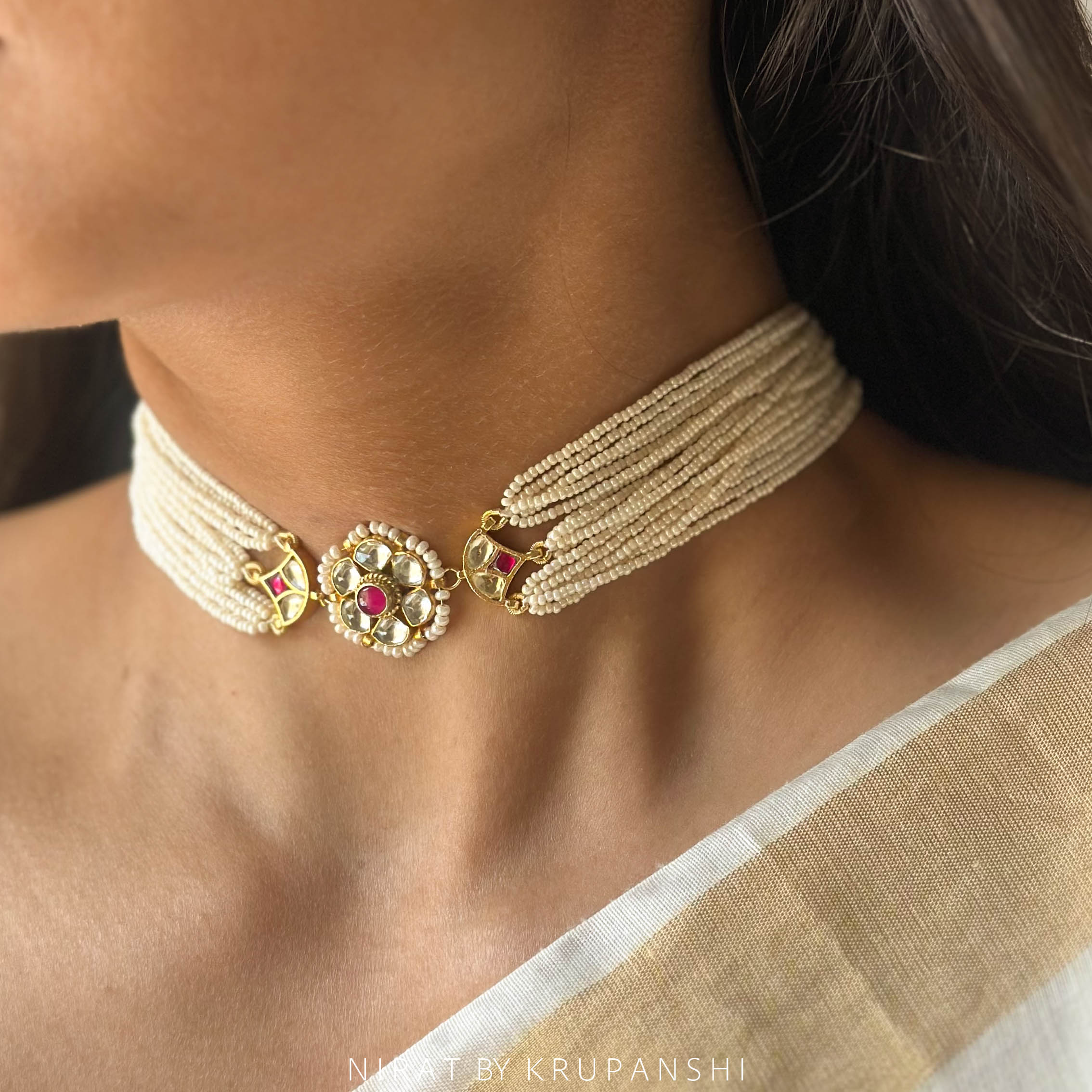 Sagara-Muktika Choker - 18 strands Kidiya Moti Kundan Choker